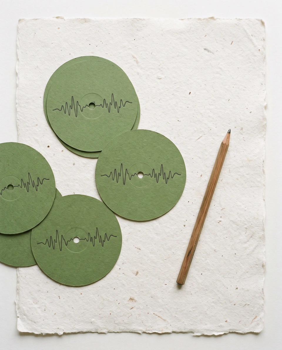 Printed record labels and a catalogue type specimen on cotton paper.