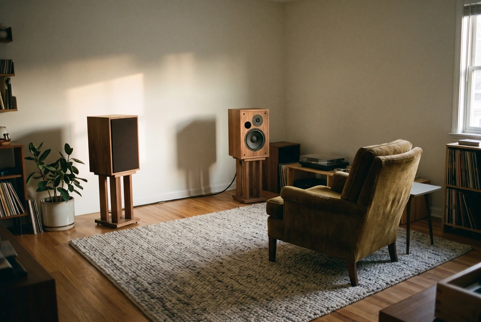A small listening room with two speakers, a rug and an armchair.
