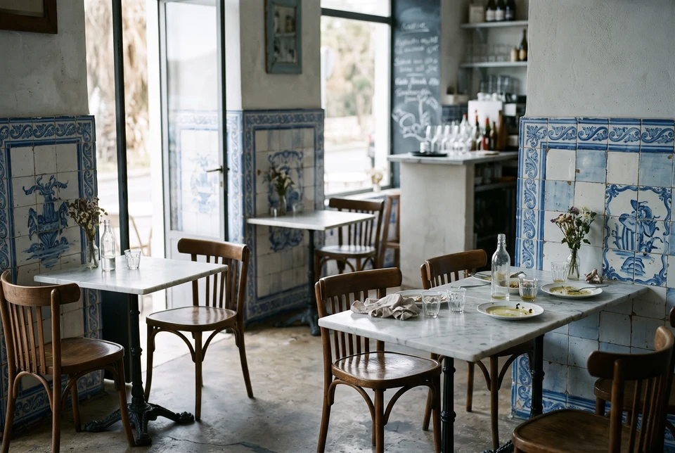 A restaurant interior with tiled walls, marble tables and daylight from the street.