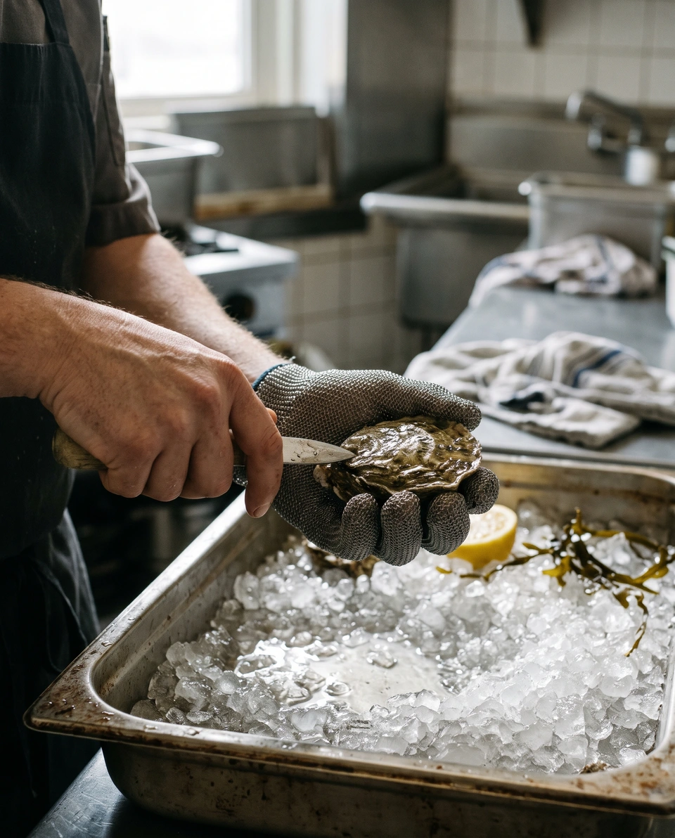 A chef's hands opening an oyster over crushed ice.