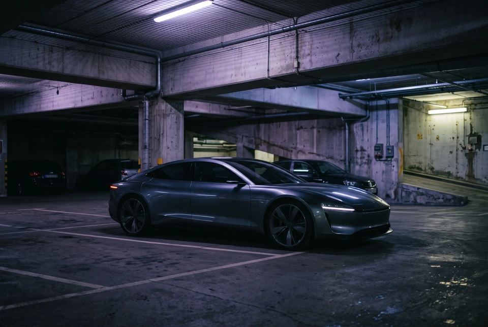 A low grey electric coupé in an empty concrete car park under violet light.