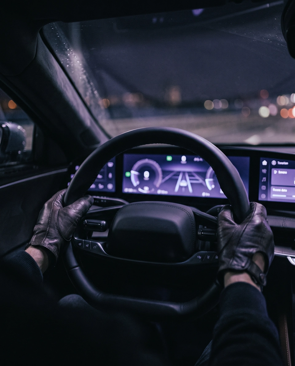 Gloved hands on a leather steering wheel with a softly lit dashboard.