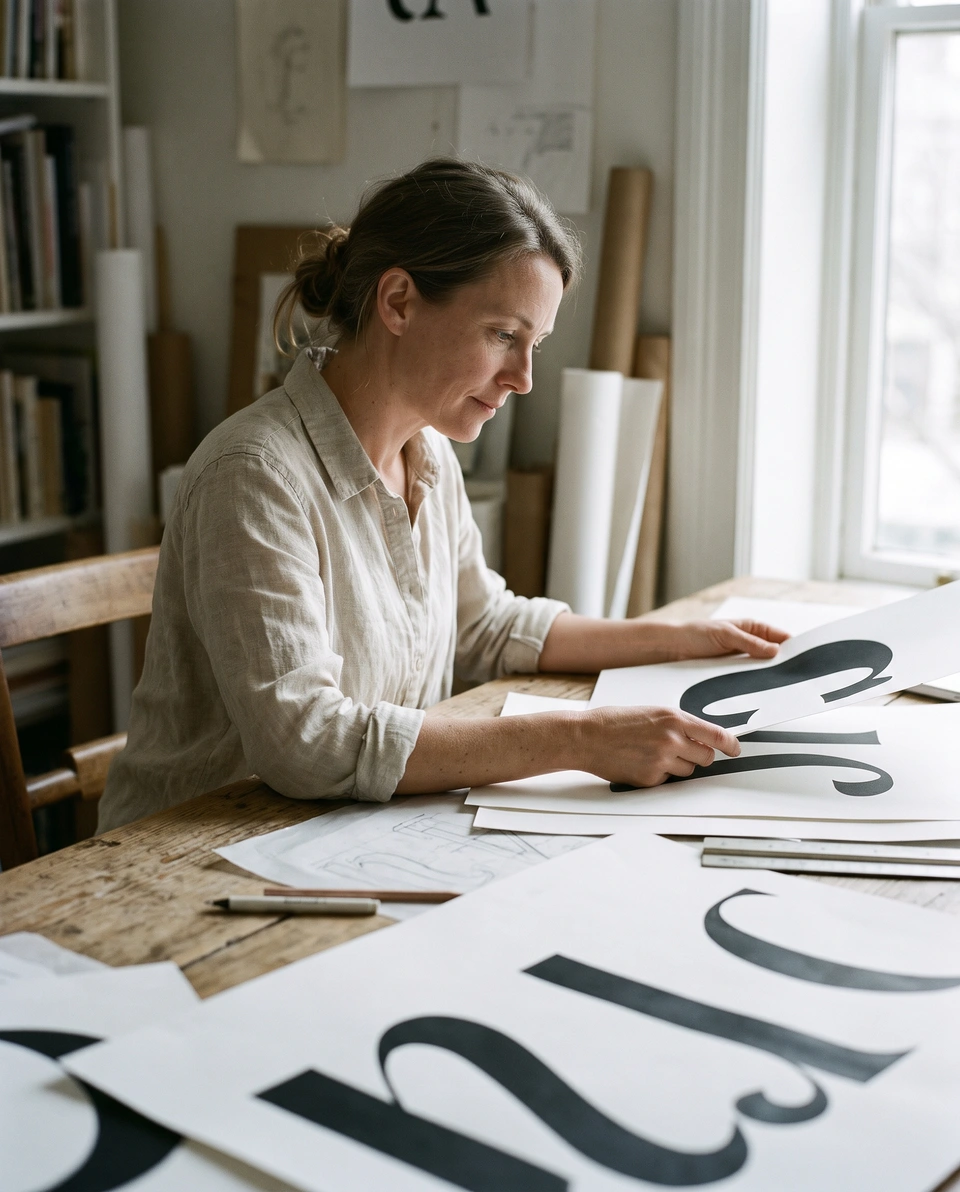 Proofs of a typeface on the long table.