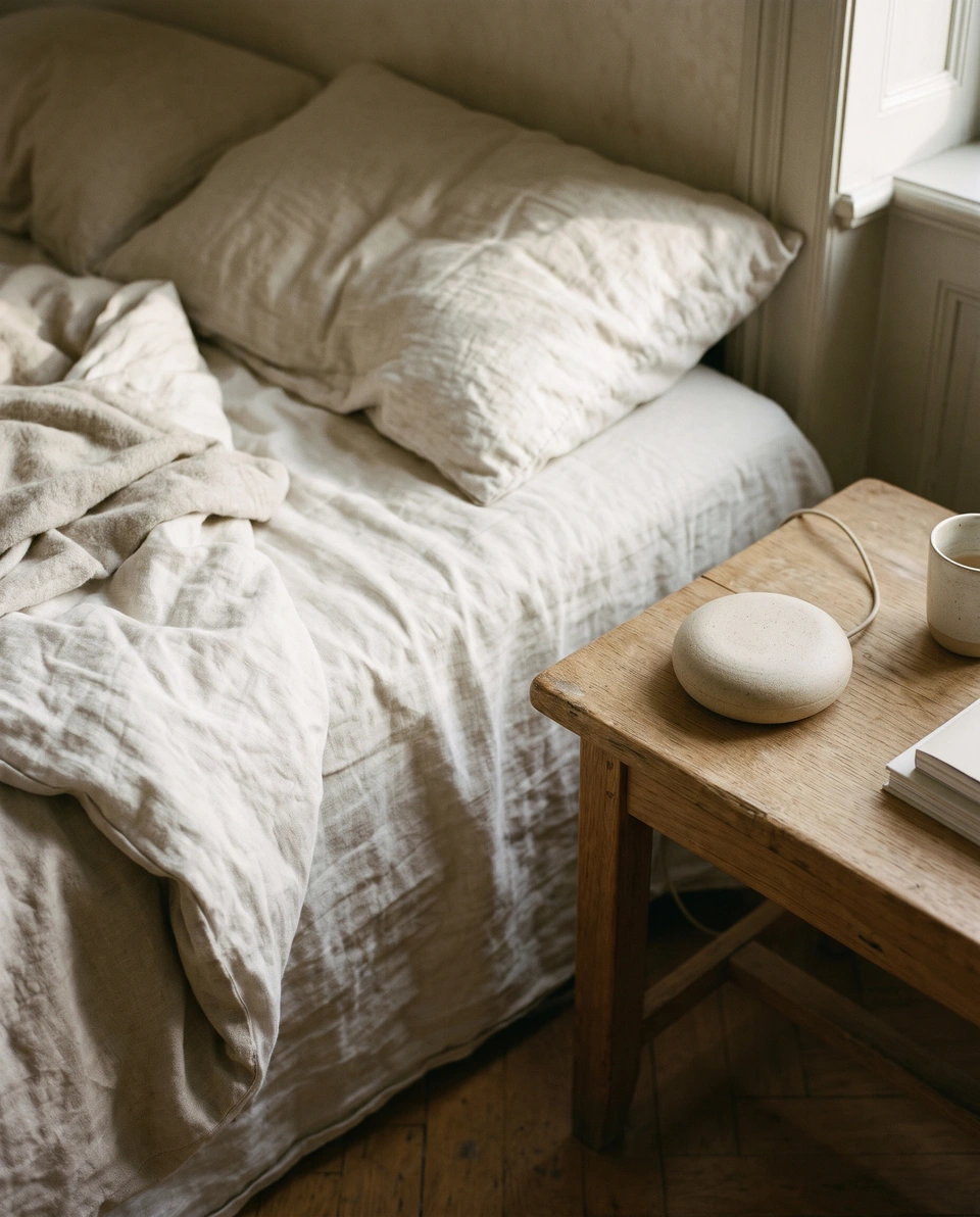An unmade linen bed by a window, with a small ceramic device on an oak nightstand.