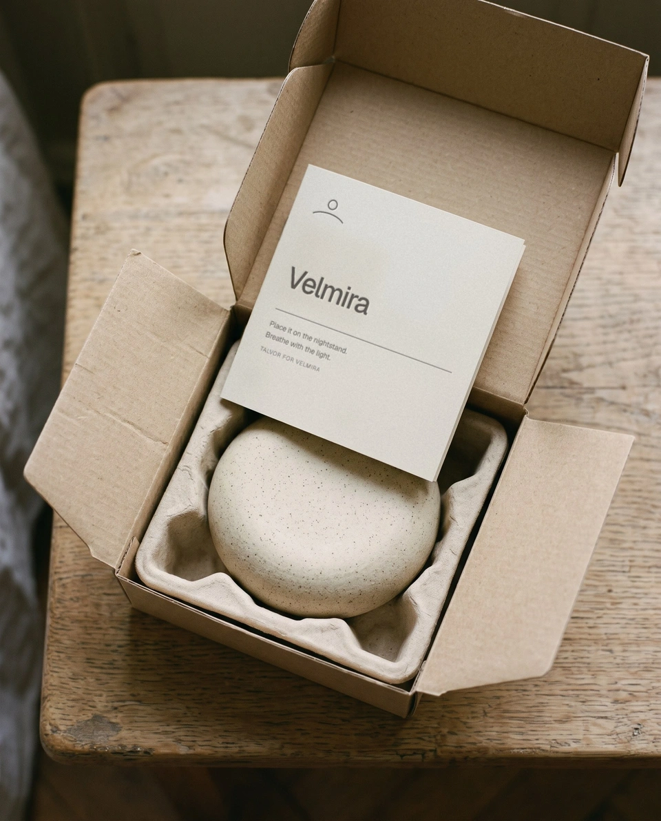 An opened kraft box with a round ceramic device in a moulded paper tray and a folded card.
