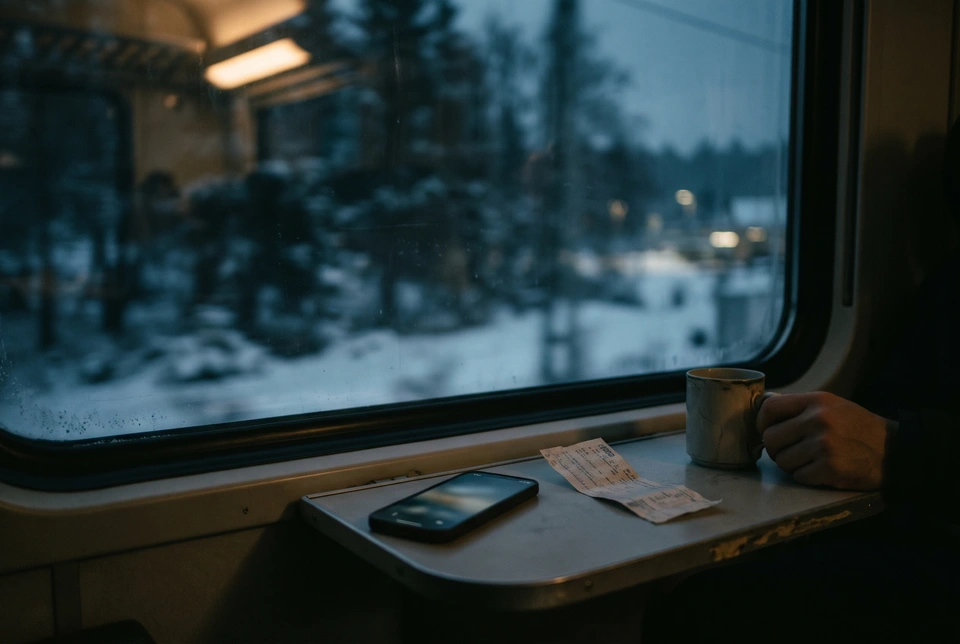 A night train window with a blurred snowy landscape, a phone and a paper ticket on the small table.