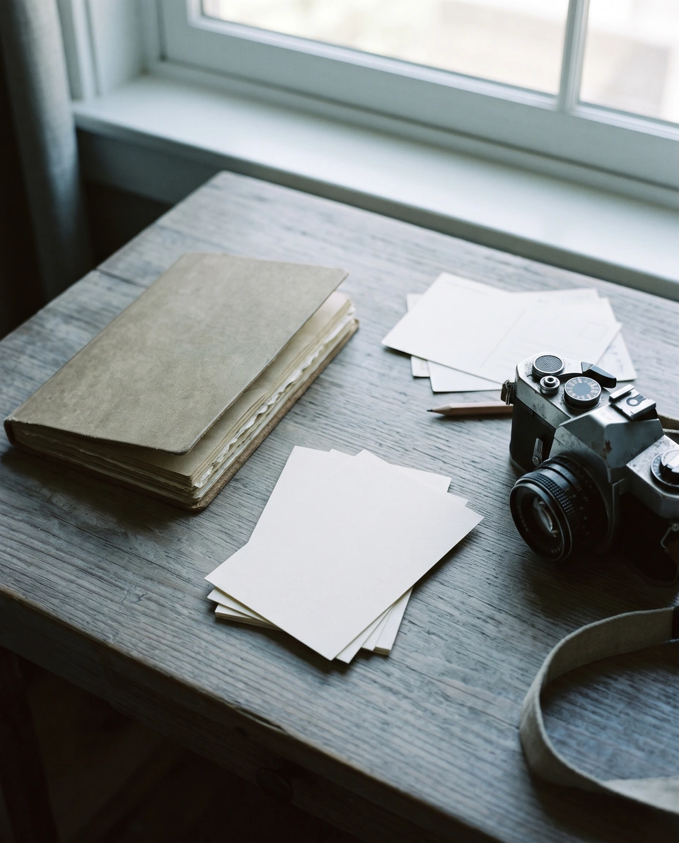 Overhead view of a travel journal, printed itinerary cards and a film camera on a hotel desk.