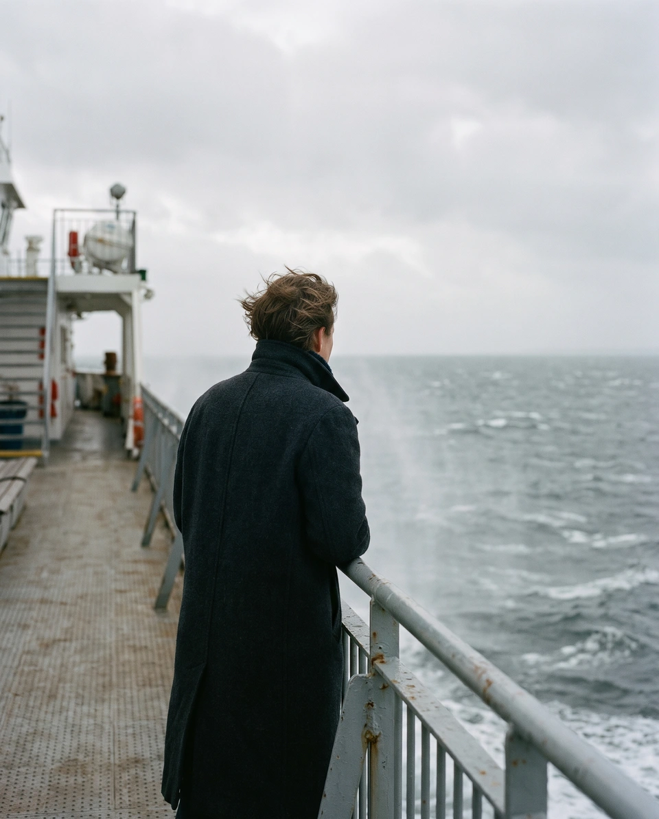 A person in a wool coat on a ferry deck looking at a grey sea, seen from behind.
