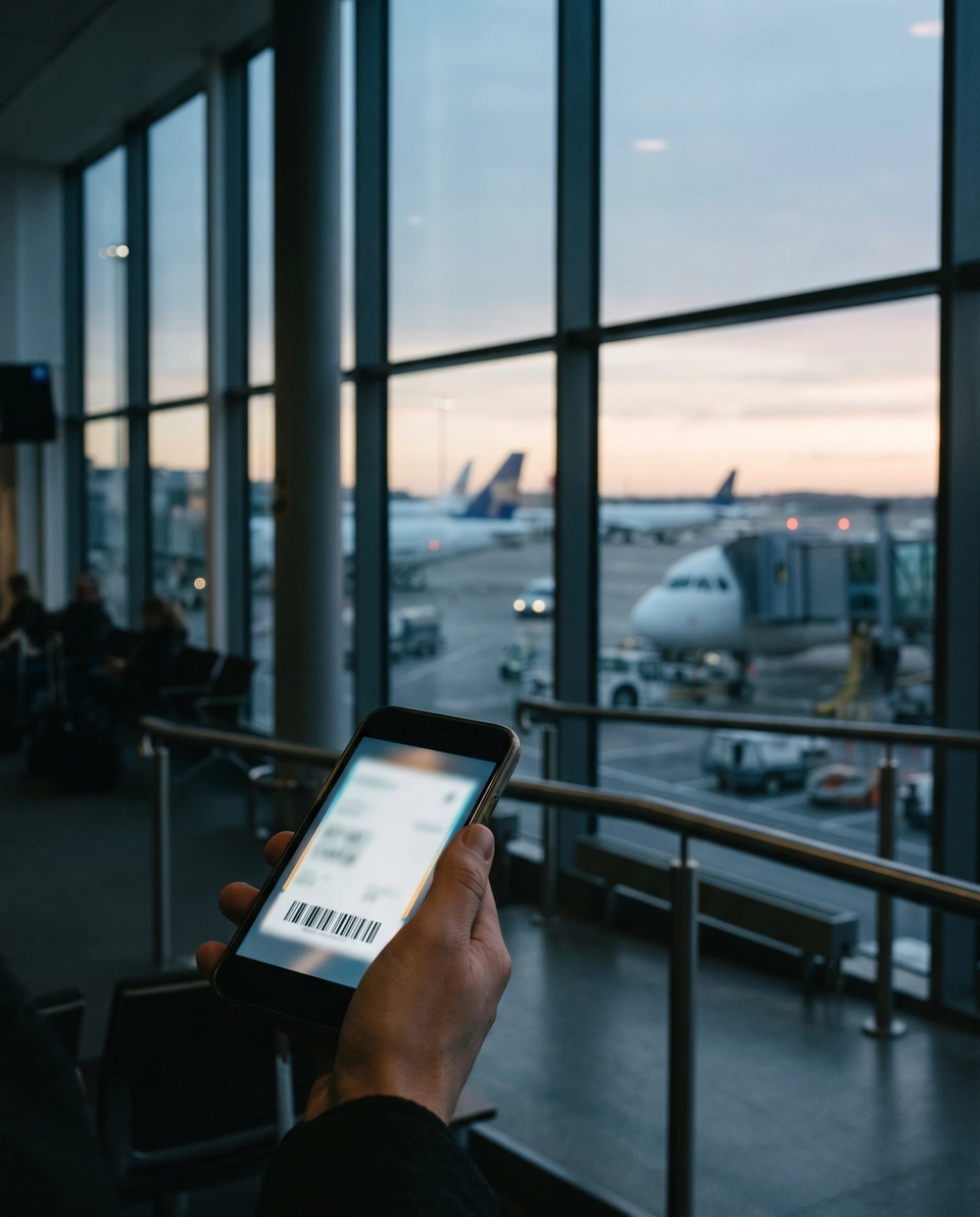 A hand holding a phone with a boarding pass at an airport gate at dawn, planes behind the glass.